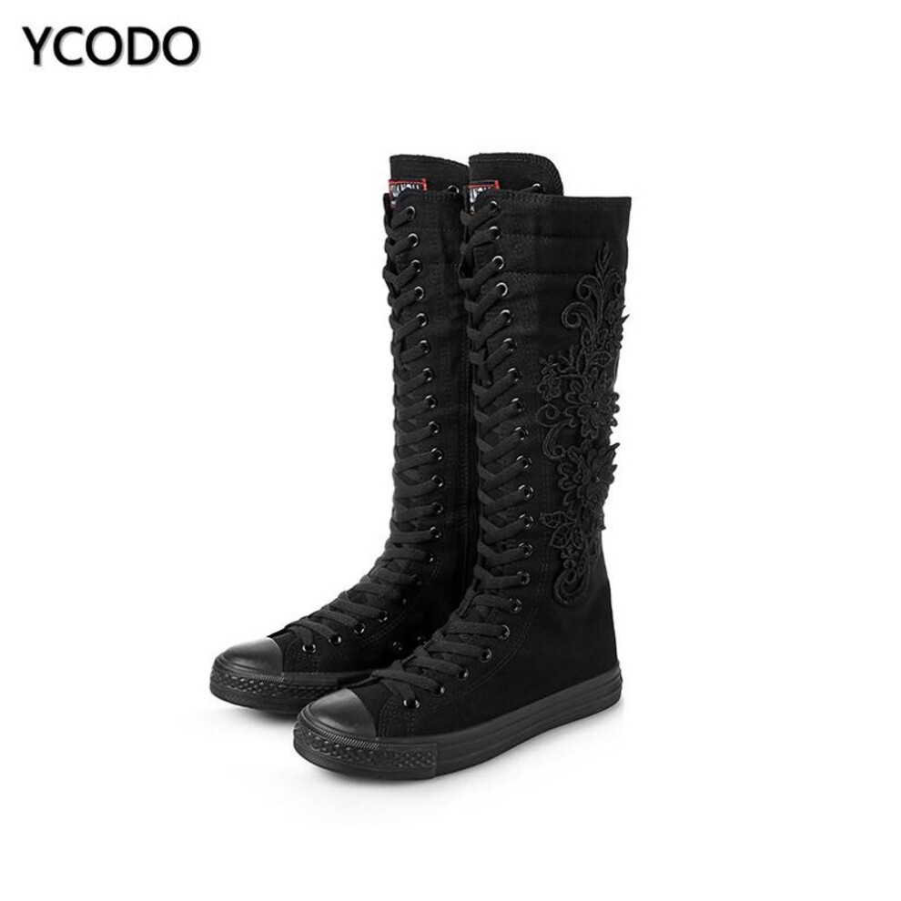(black, 35) Spring Autumn Women Boots Canvas Mid Calf Boots Casual High Top Shoes Long Boots Lace Up Zipper Comfortable Flat Boots Size 34-43