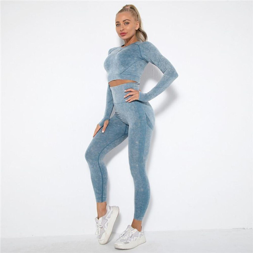 (blue, L) Auroth Women Seamless Tie Dye Yoga Set Workout Sportswear Long Sleeve Top High Waist Leggings Sports Suits