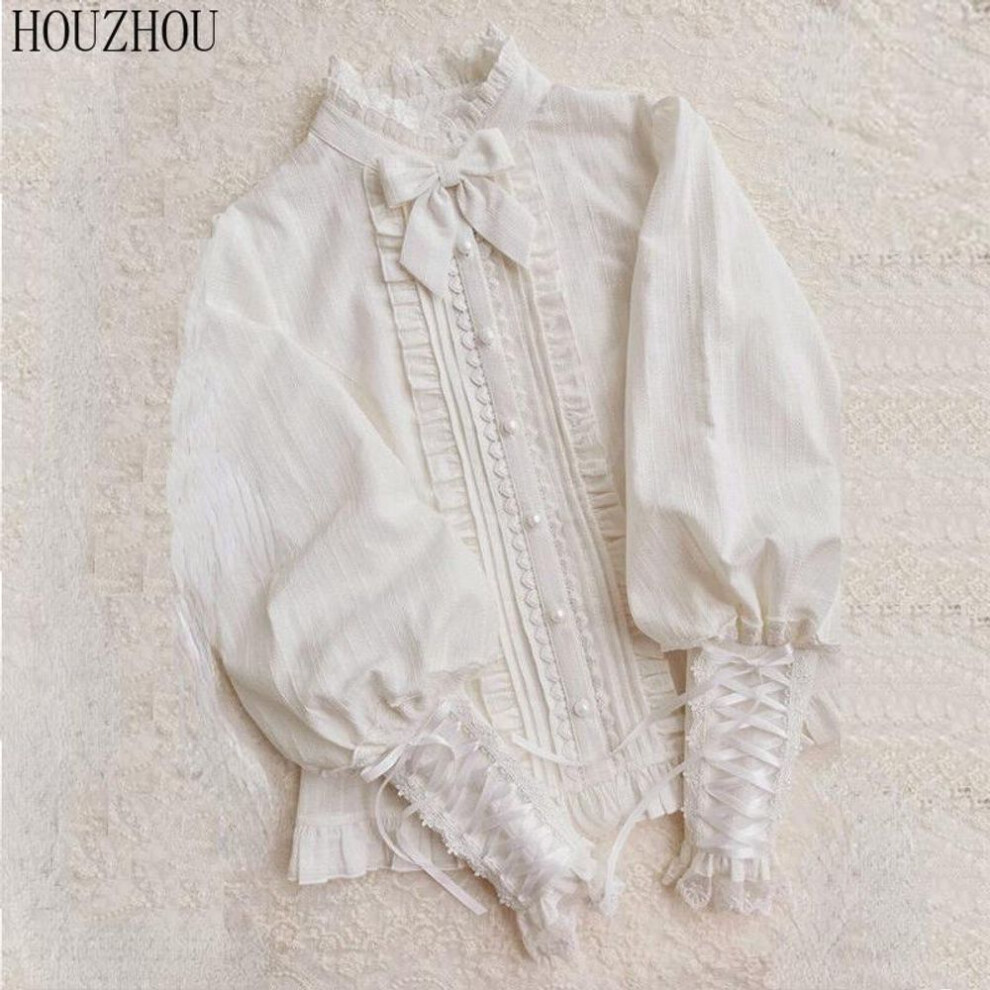 (white, L) HOUZHOU Lace White Shirt Women Lolita Style Gigot Sleeve Sweet Blouses Japanese Style Long Sleeve Ruffle Pleated Kawaii Clothes