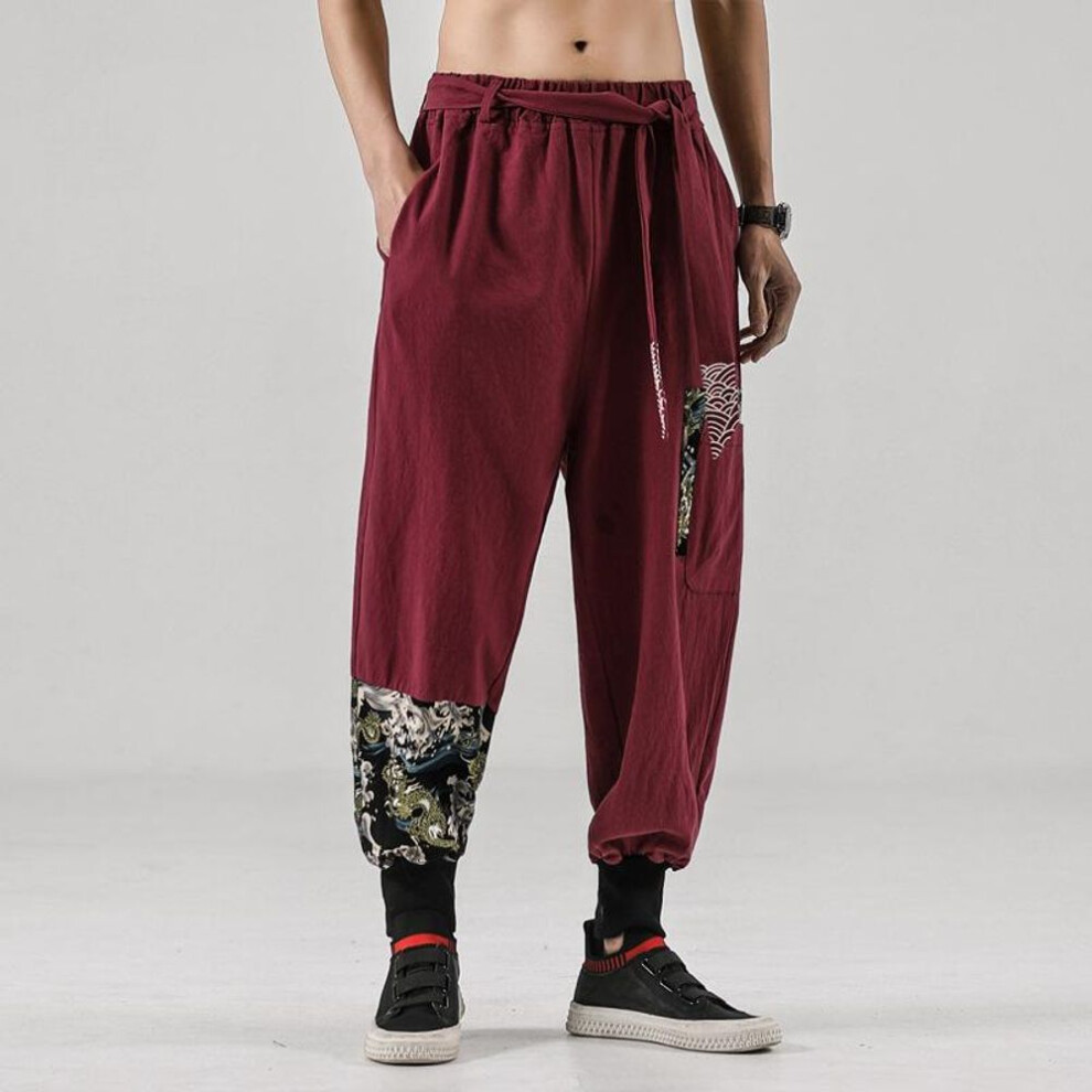 (red, XXXXXL) Men Cotton Linen Samurai Costume Ukiyo-e Print Belt Retro Harem Pants Haori Baggy Trousers Harajuku Hip Hop