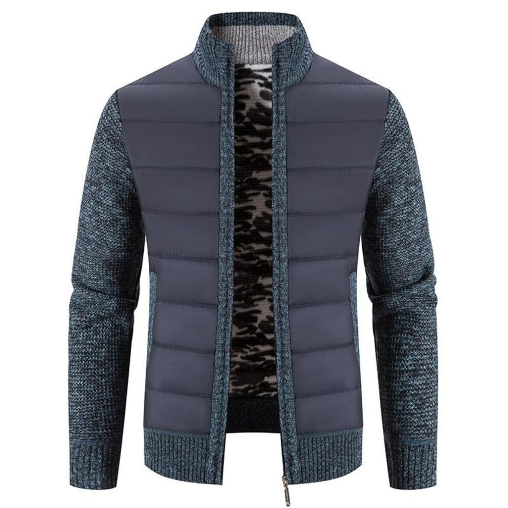 (blue, XL) Autumn and Winter Plus Velvet Thickening Men&apos;s Knitted Cardigan Korean Version Trend Loose Color Matching Sweater Cardigan Coat