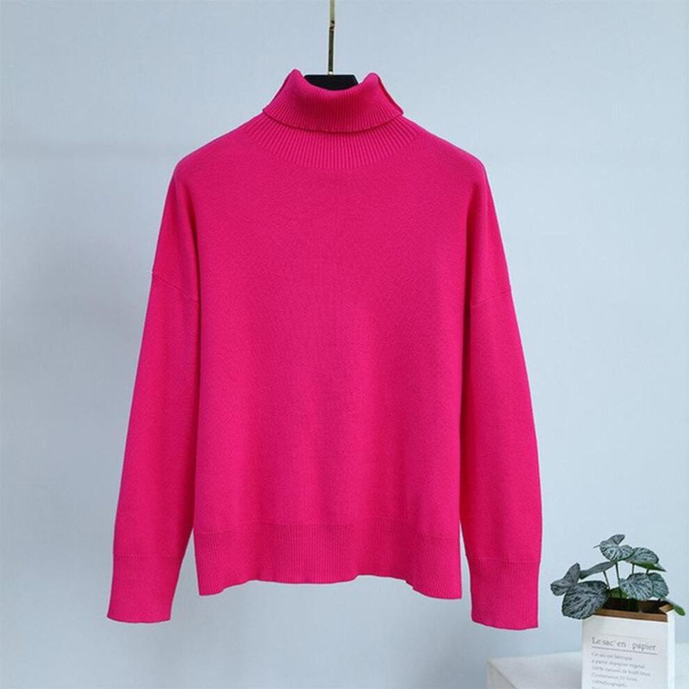 (rose red, S) Autumn Winter Solid Color Turtleneck Pullover Sweater Women New Ladies Knit Sweater Loose Jumper Long-sleeved Fashion Tops
