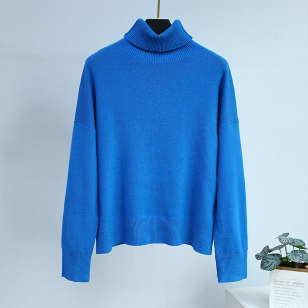 (blue, L) Autumn Winter Solid Color Turtleneck Pullover Sweater Women New Ladies Knit Sweater Loose Jumper Long-sleeved Fashion Tops