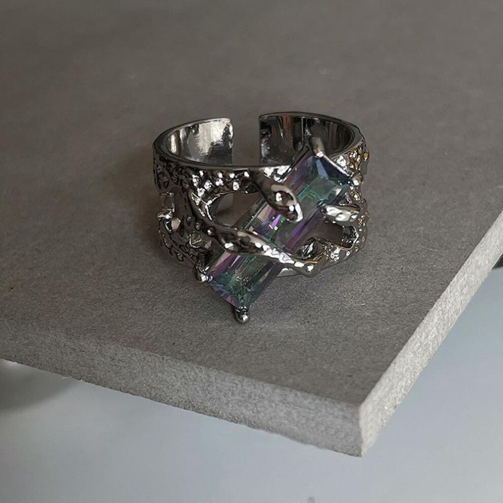 (Silver) Punk Black Rings Thorns Red Zircon Hollow-out Finger Ring Couple Women Men Opening Ring Jewelry Gift
