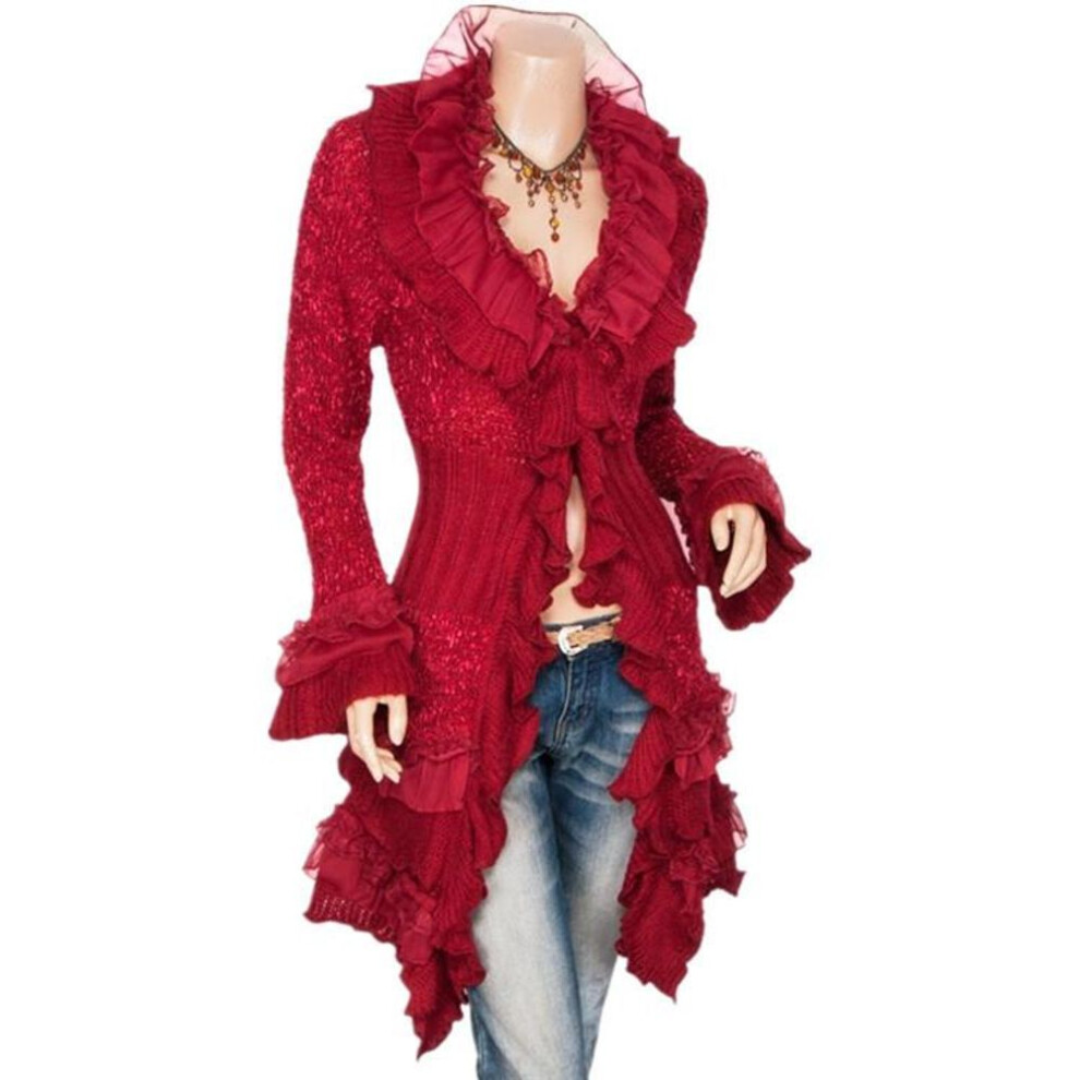 (wine red, One Size) Women&apos;s Fashion Cardigan Sweater Single-breasted Lace Trumpet Sleeve Mid-length Coat