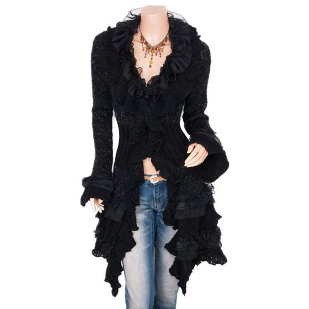 (black, One Size) Women&apos;s Fashion Cardigan Sweater Single-breasted Lace Trumpet Sleeve Mid-length Coat