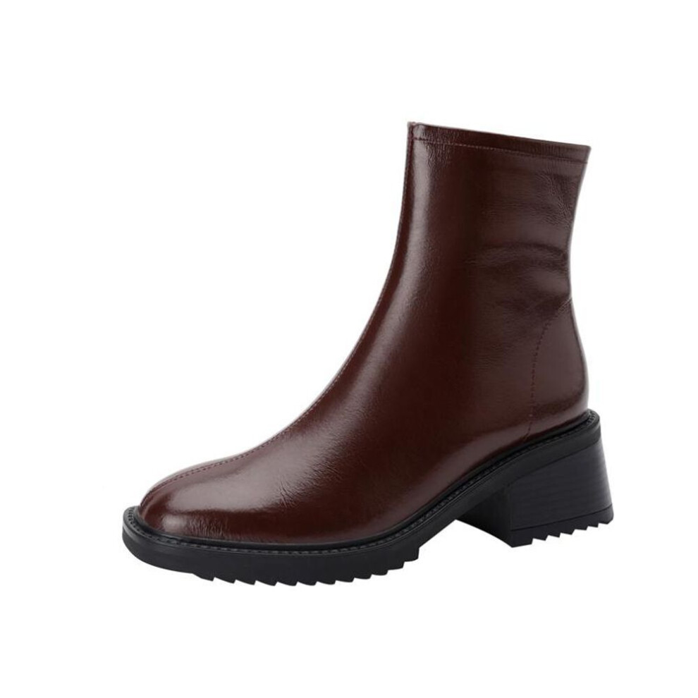 (brown, 43) Meotina Women Shoes Genuine Leather Fashion Boots Platform Thick HIgh Heel Ladies Boots Zipper Ankle Boots Winter Black Brown 43