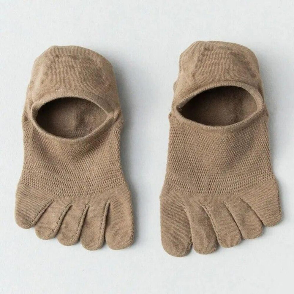 (Khaki) Five Finger Invisible Socks Men Split-toed Socks Casual Breathable Elastic Cotton Sweat-absorbing Boat Socks