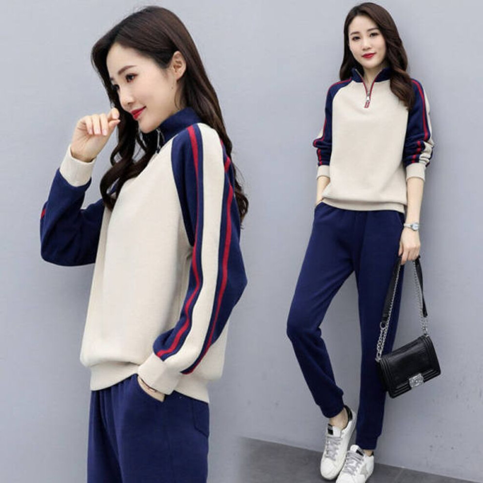 (black, L) Patchwork Stand-Collar Sweatsuits Women Casual Long Sleeve Pullover Jacket  Pant Two-Piece Tracksuit