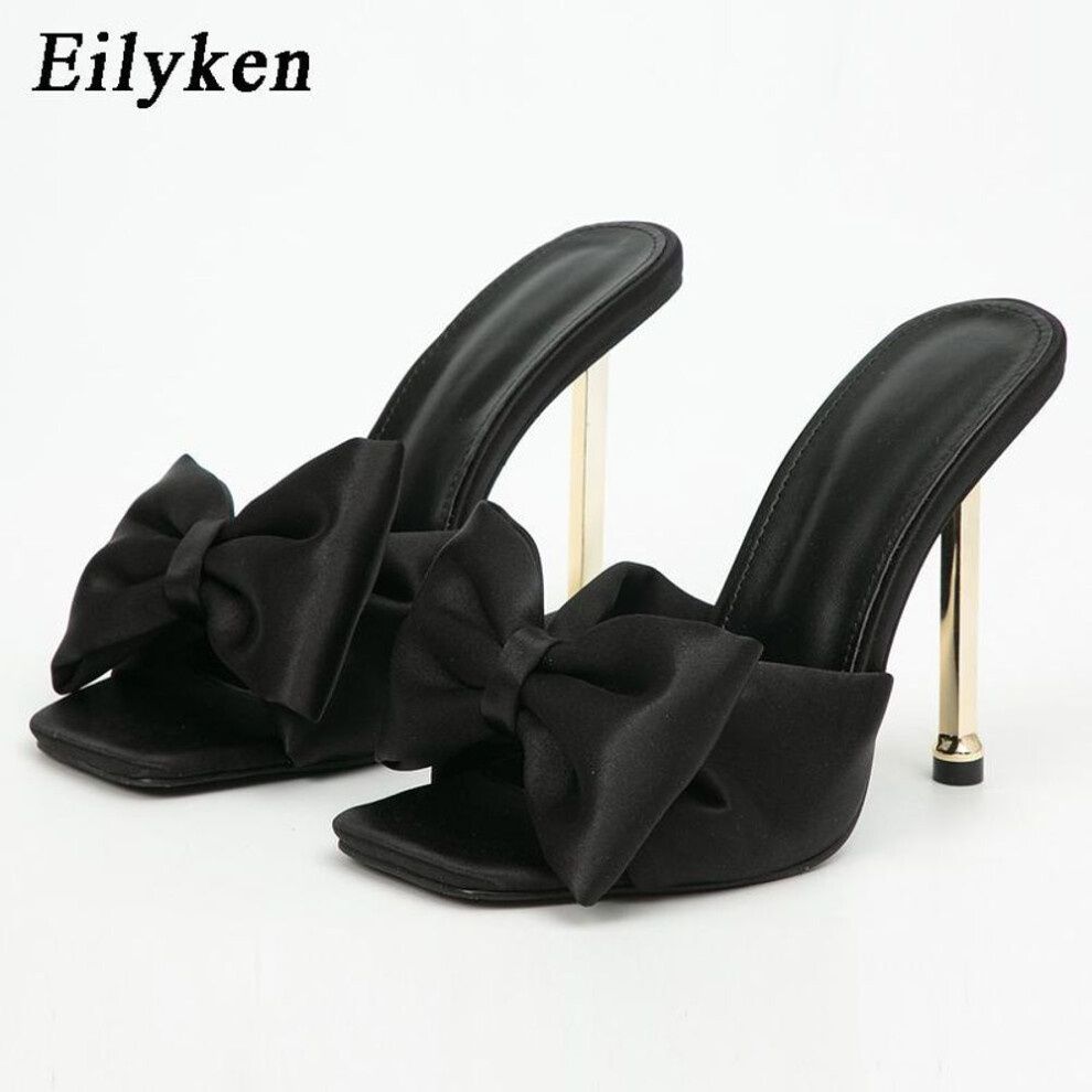 (black, 41) Eilyken High Heel Summer Silk Butterfly-knot Pumps Slipper Peep Toe Ladies Shoes Slides Metal New Brand Fashion Heels Women 9 Color PU