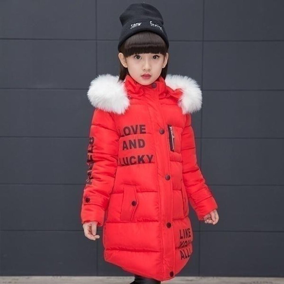 (red, 140 cm) 3 Colors Winter Teenage Girls Letters Long Hooded Thickening Fur Coat Jackets for Girls