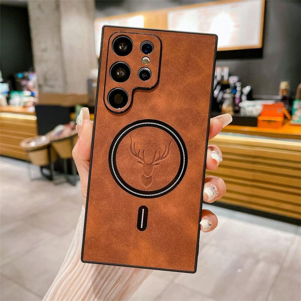 (coffee, Samsung S23 Ultra) Luxury leather antler magnetic wireless charging phone case for Samsung S23 S22 S21 Ultra Plus S21 FE Note 20 all-inclusive fall protection cases