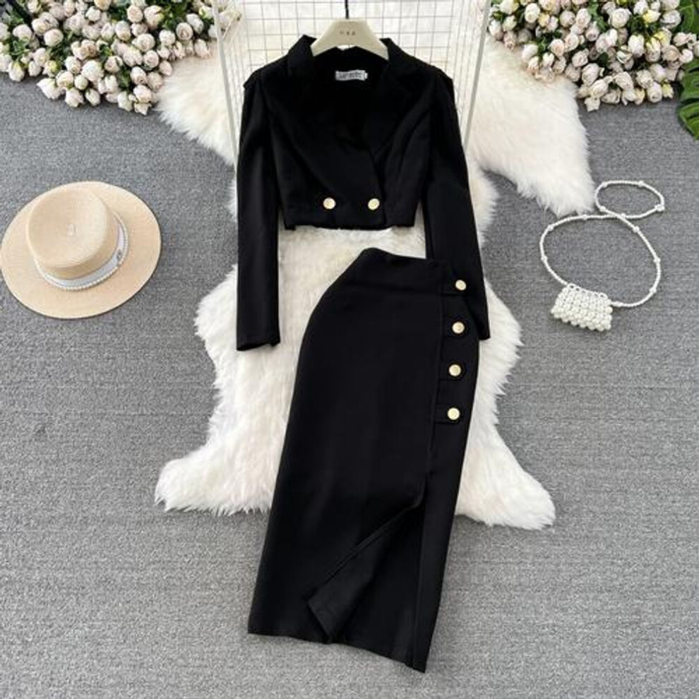(black, M) Women New Fashion Spring Autumn Elegant Short Blazer Jacket Coat + Long Midi Split Pencil Skirt Two Piece Set