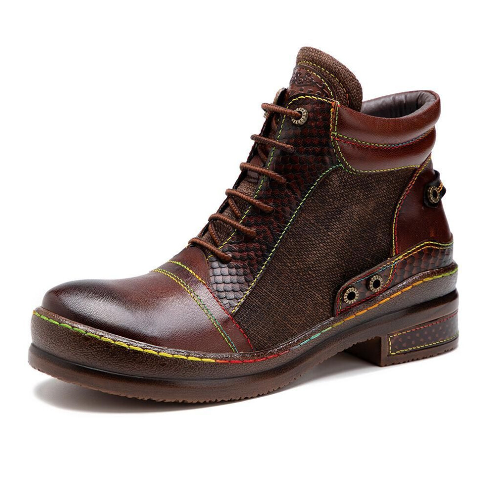 (brown, 40) Johnature Genuine Leather Retro Shoes Women Boots Zip Round Toe Mixed Colors Sewing Handmade Concise Platform Boots