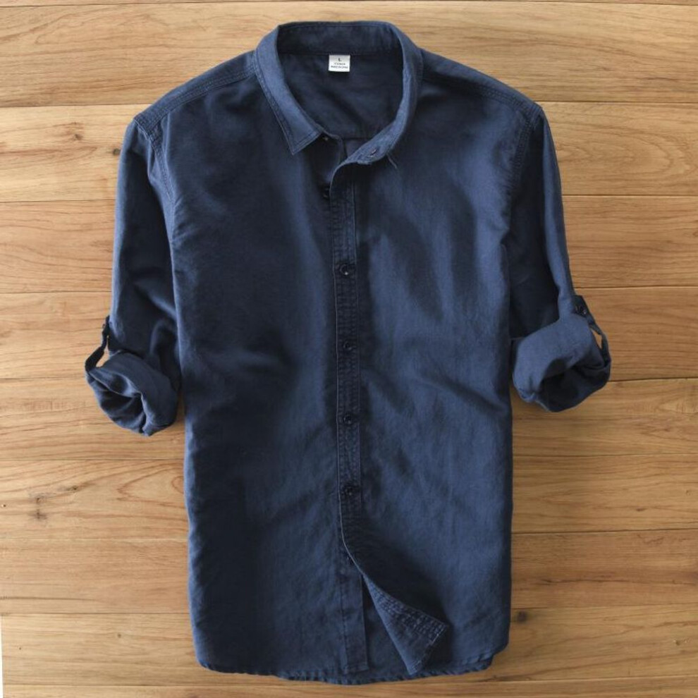 (navy blue, XL) Designer Italy Style 100% Linen Long-sleeved Shirt Men  Casual 5 Colors Solid White Shirts For Men Top Camisa Chemise