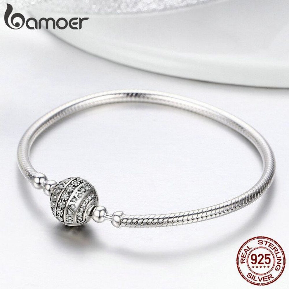 (20) BAMOER Authentic 925 Sterling Silver Dazzling Clear CZ Round Clasp Snake Chain Bracelet 17-20cm