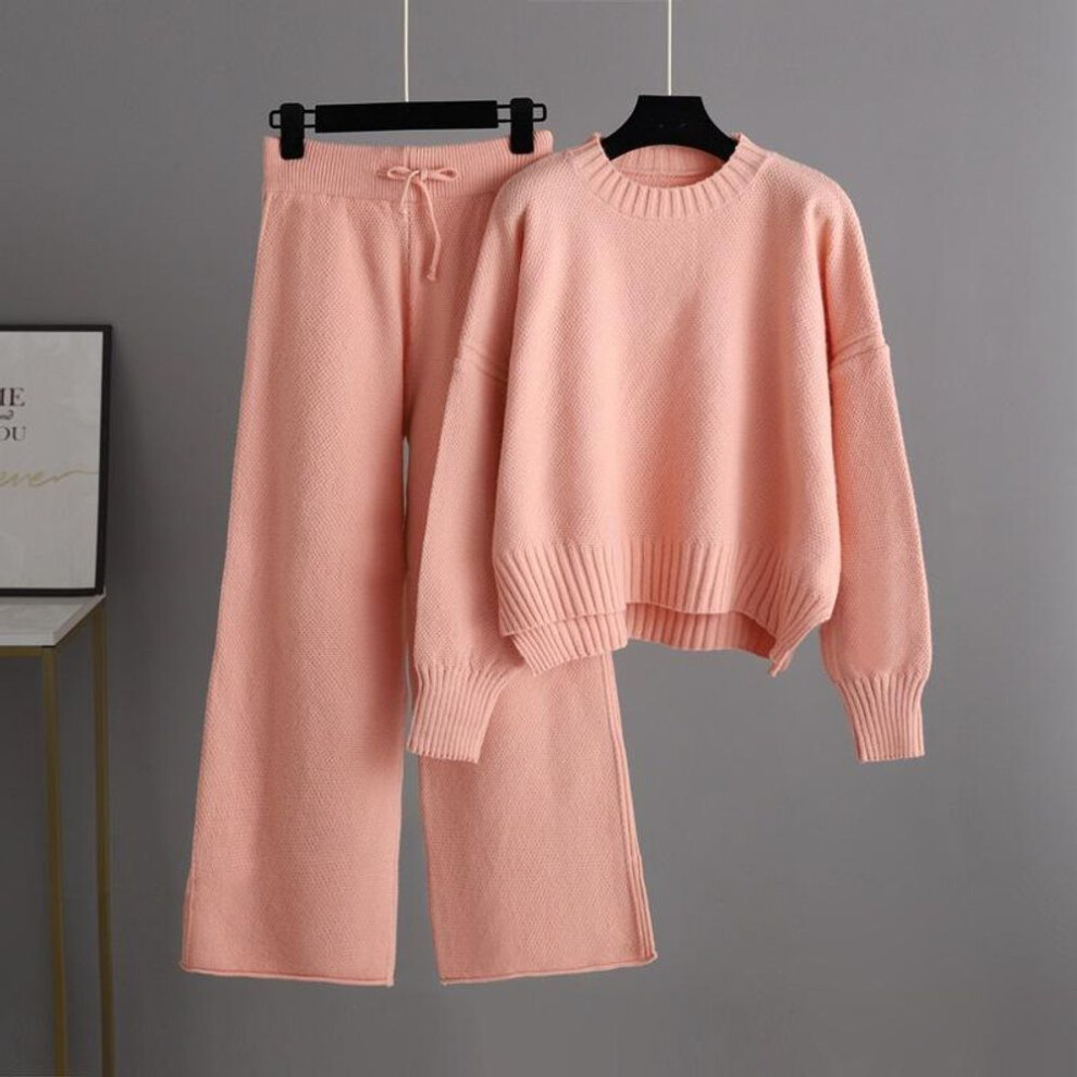 (pink, OneSize) Autumn Winter Causal Knitted Pullover Suit Pants Women Loose Sweater Wide Leg Pants Two Piece Set