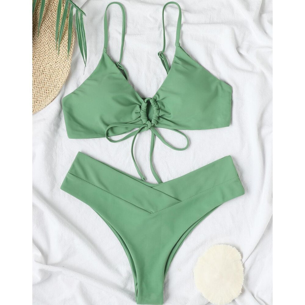 (green, M) Women&apos;s Swimsuit Solid Color Front Tie Sexy Bikini Thong Brazilian Beachwear Bathing Suits 8 Colors