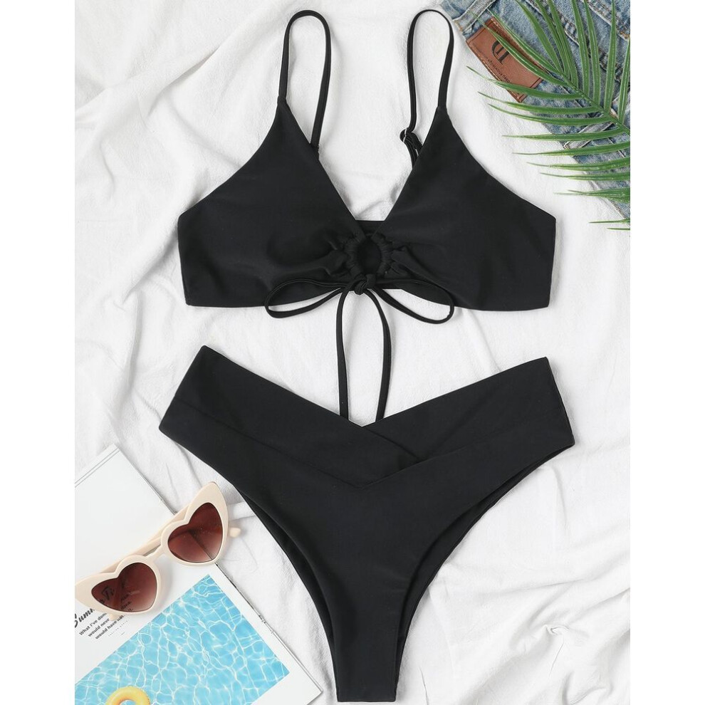 (black, XL) Women&apos;s Swimsuit Solid Color Front Tie Sexy Bikini Thong Brazilian Beachwear Bathing Suits 8 Colors