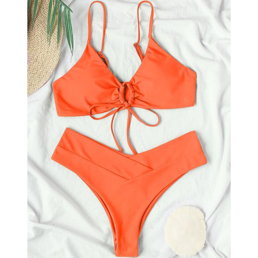 (orange, XL) Women&apos;s Swimsuit Solid Color Front Tie Sexy Bikini Thong Brazilian Beachwear Bathing Suits 8 Colors