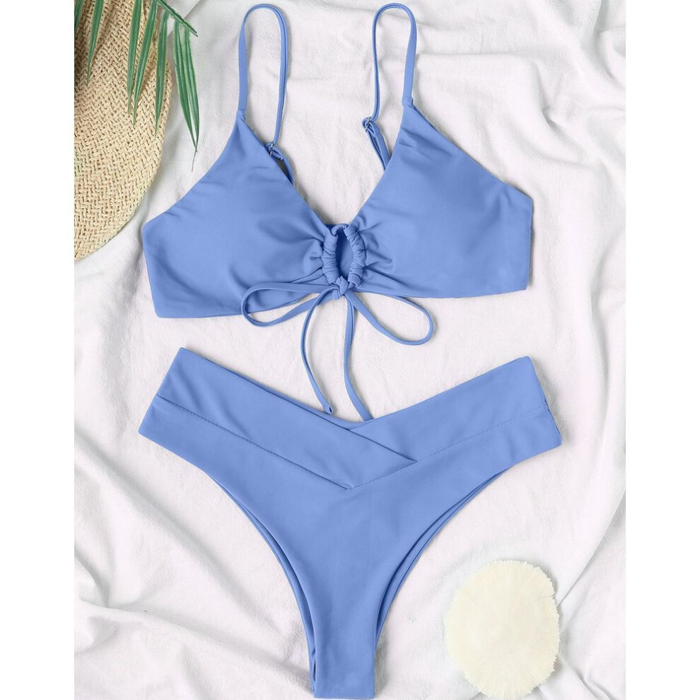 (blue, XL) Women&apos;s Swimsuit Solid Color Front Tie Sexy Bikini Thong Brazilian Beachwear Bathing Suits 8 Colors