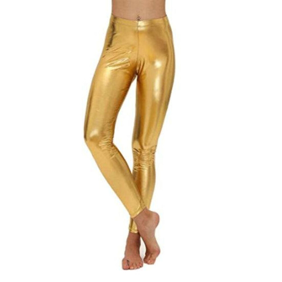 (golden, L) Women Pants Glossy Faux Leather Skinny Elastic High Waist Solid Color Smooth Soft Breathable Tummy Control Ankle Length Club Party Lady Long Trousers