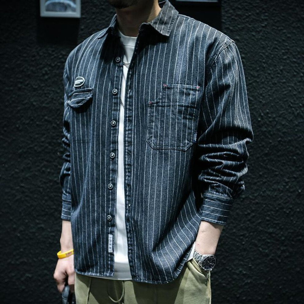 (blue, XXL) Spring and Autumn Denim Striped Long-sleeved Shirt Men Loose Tide Ins Large Size Casual Shirt Workwear Jacket