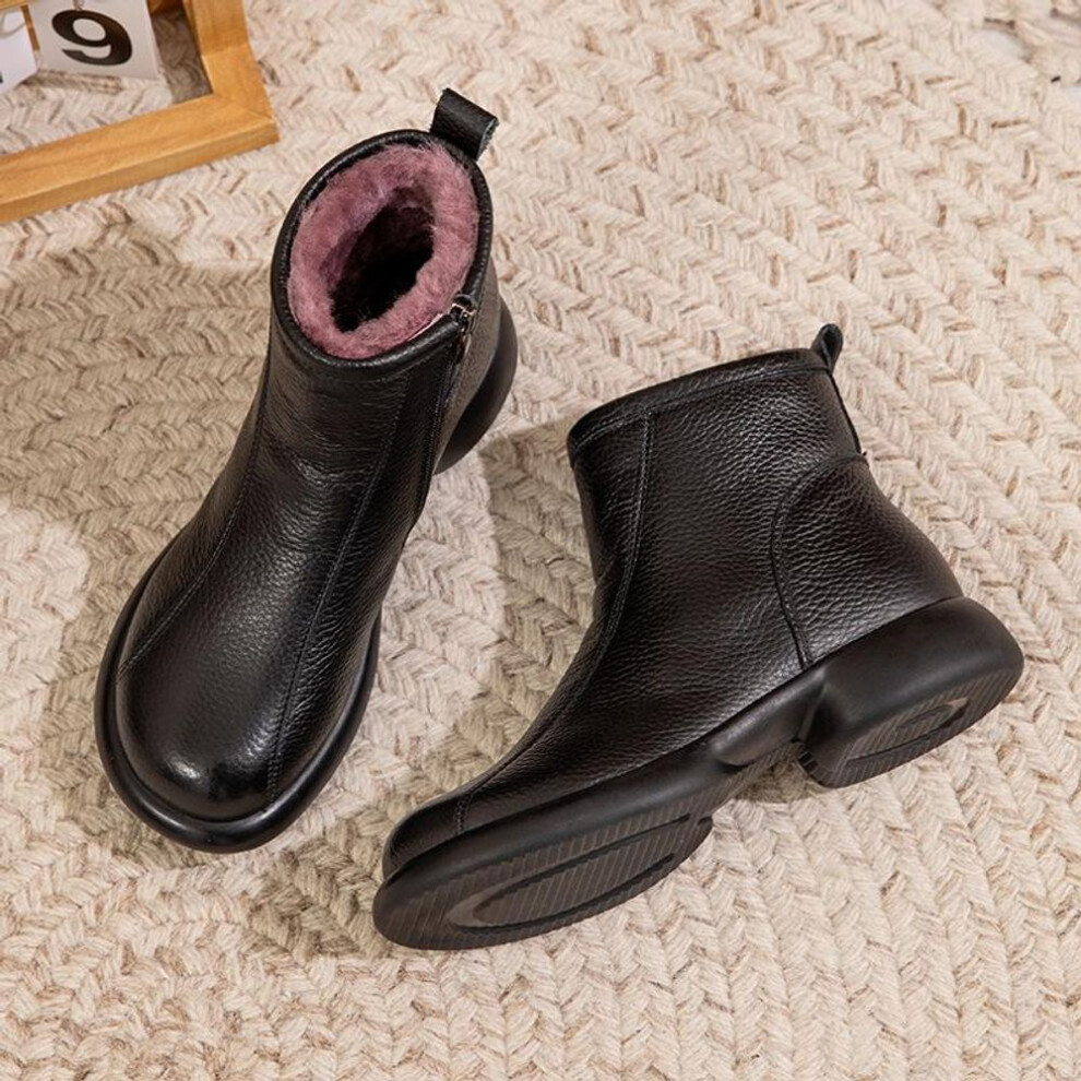 (black, 40) Johnature Thick And Warm Cotton Shoes Women&apos;s Winter Genuine Leather Anti Slip Low Heel Plush Short Boots