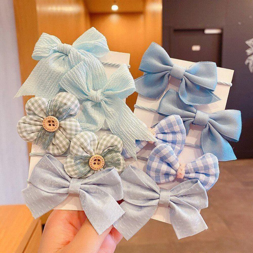 (Blue) 10Pcs/Set Big Bow Flower Elastic Hairbands Children Girls Sweet Hair Ties Fashion Headbands Hair Accessories Rubber Band for Kid