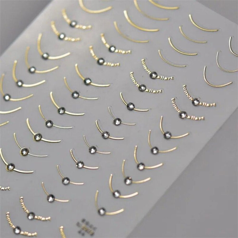 (Gold) 1pcs 5D Rhinestones Japanese Retro Wave Nail Art Stickers Gold Silver Self Adhesive Transfer Nail Decorations Slider Decals DIY