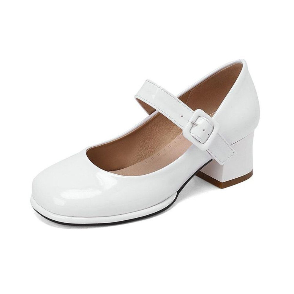 (white, 39) Patent PU Leather Orange Red Closed Toe Women Pumps Big Size 47 48 Mature Lady Office Shoes Buckle Strap Mary Jane Chunky Heels Big Plus Size 48
