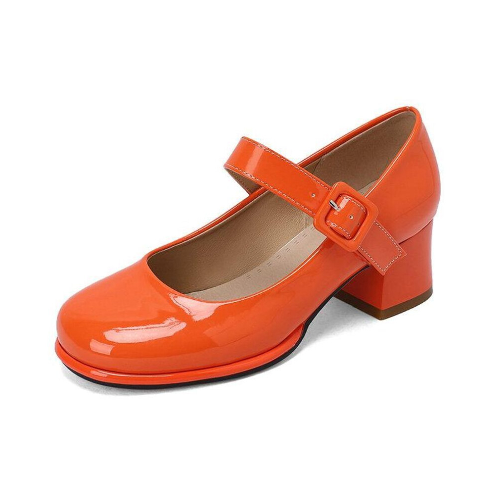 (orange, 35) Patent PU Leather Orange Red Closed Toe Women Pumps Big Size 47 48 Mature Lady Office Shoes Buckle Strap Mary Jane Chunky Heels Big Plus Size 48