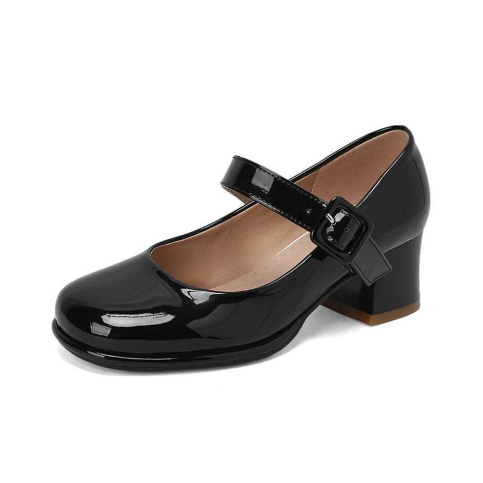 (black, 40) Patent PU Leather Orange Red Closed Toe Women Pumps Big Size 47 48 Mature Lady Office Shoes Buckle Strap Mary Jane Chunky Heels Big Plus Size 48