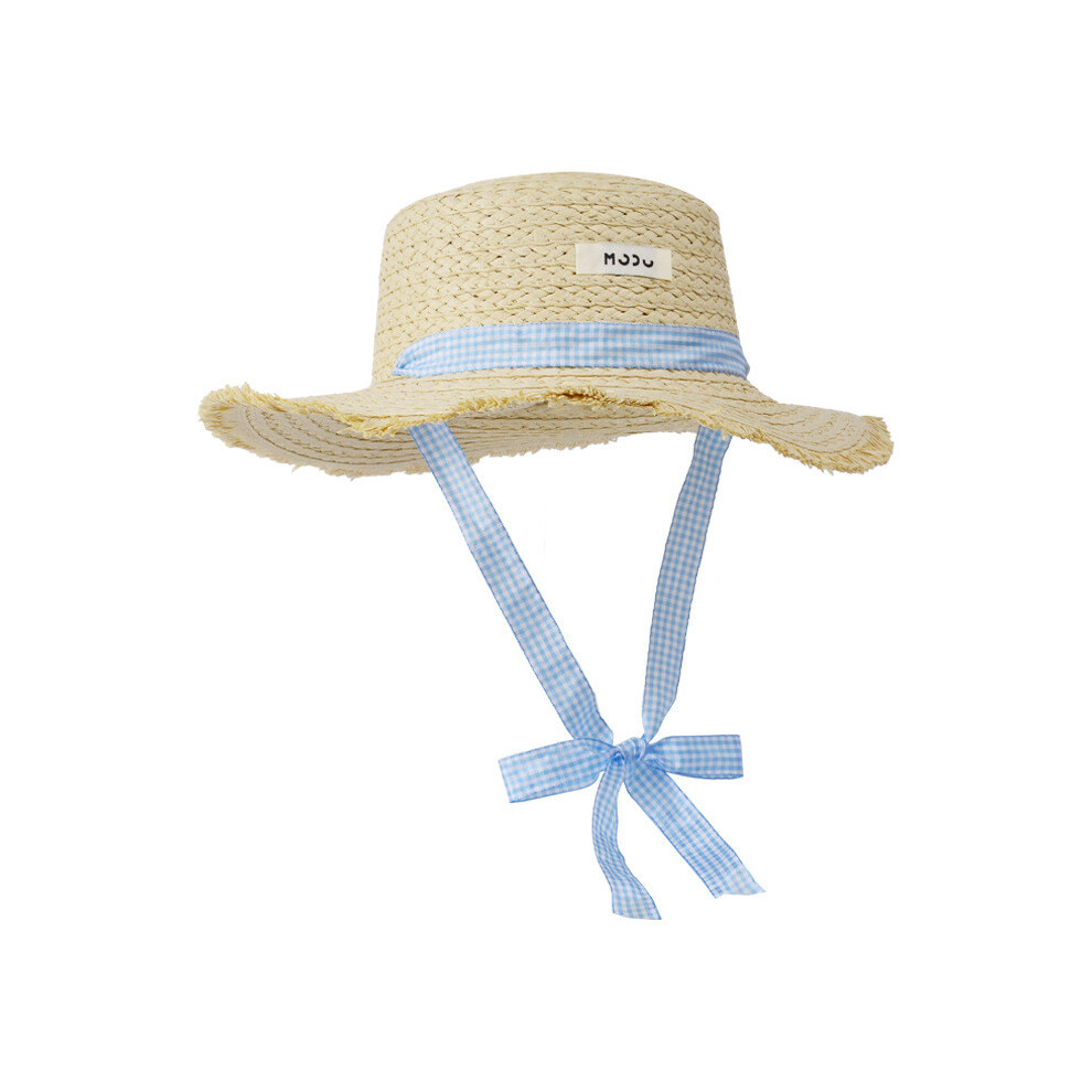 (Blue Plaid Ribbon Beige)Chapeau de paille style campagne française avec décoration noeud dentelle adapté au quotidien pour