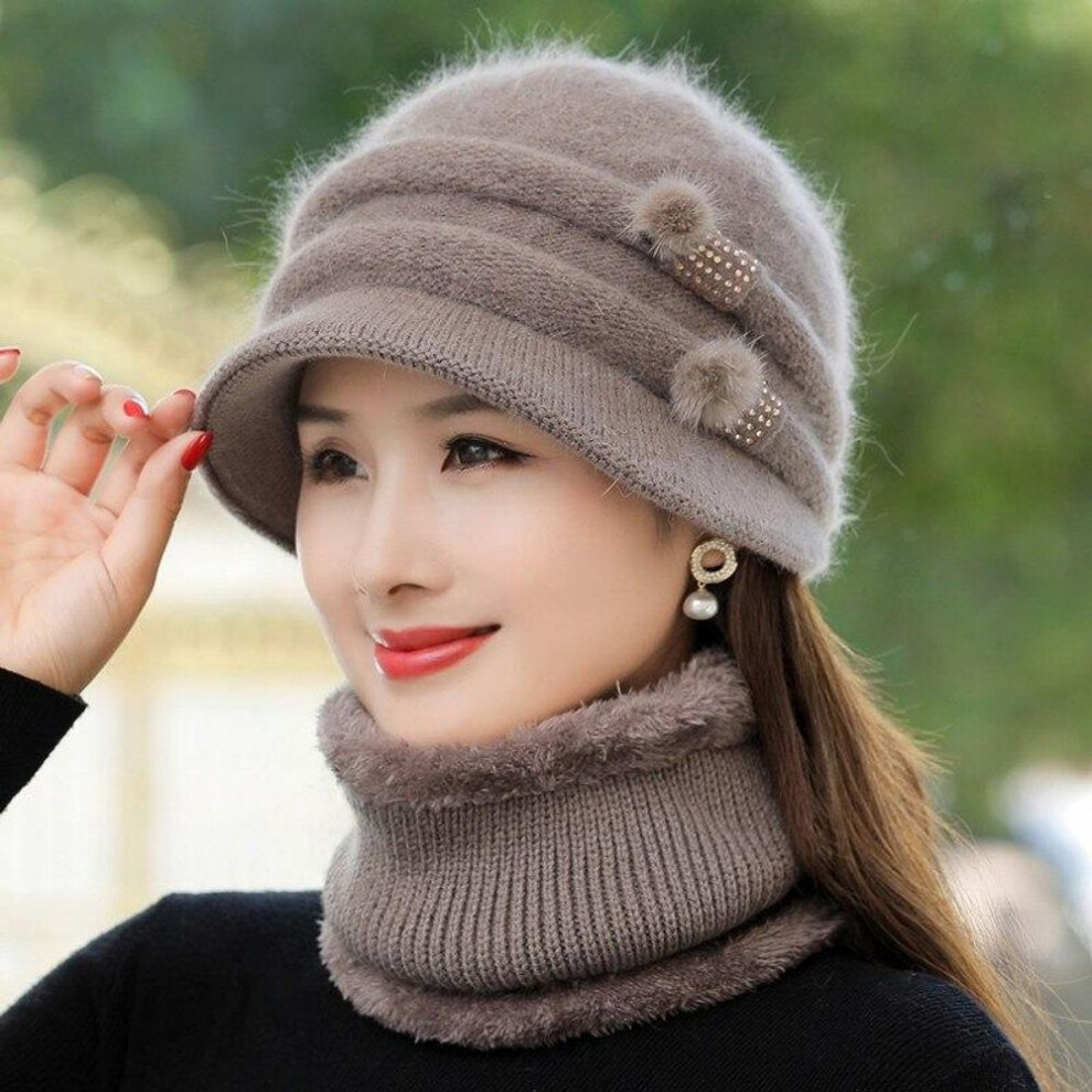 (khaki, 55cm-58cm) New Women Winter Hat Keep Warm Mom Cap Add Fur Lined Warm Set Hat For Female Casual Rabbit Fur Bucket Knitted Hat