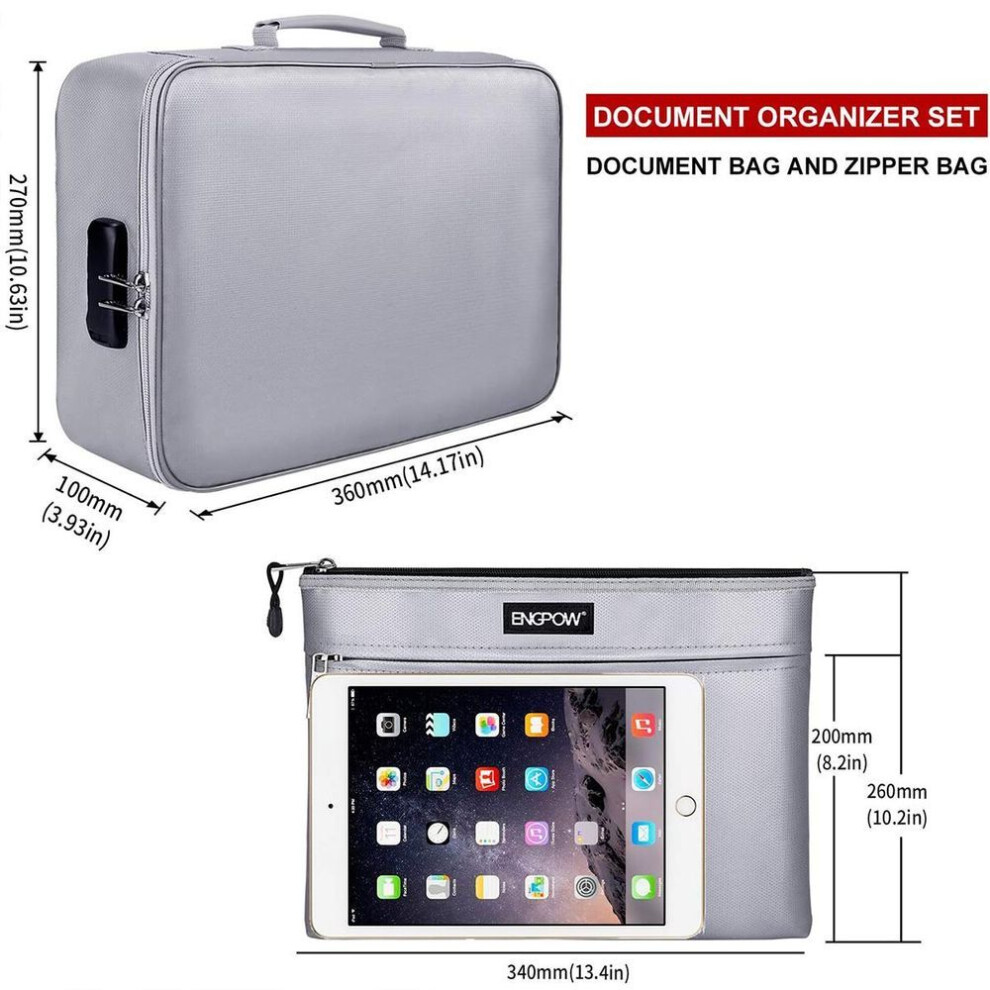 (grey) JM Fireproof Document Bag with Lock - 3-Layer File Storage Case with Water-Resistant Zipper for Secure Document Protection