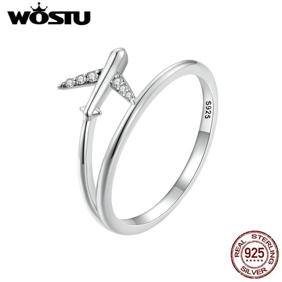 (7) WOSTU 925 Sterling Silver Platinum Airplane Double layer Rings Women Shiny Zircon Aircraft Ring Party Jewelry Girl Holiday Gift