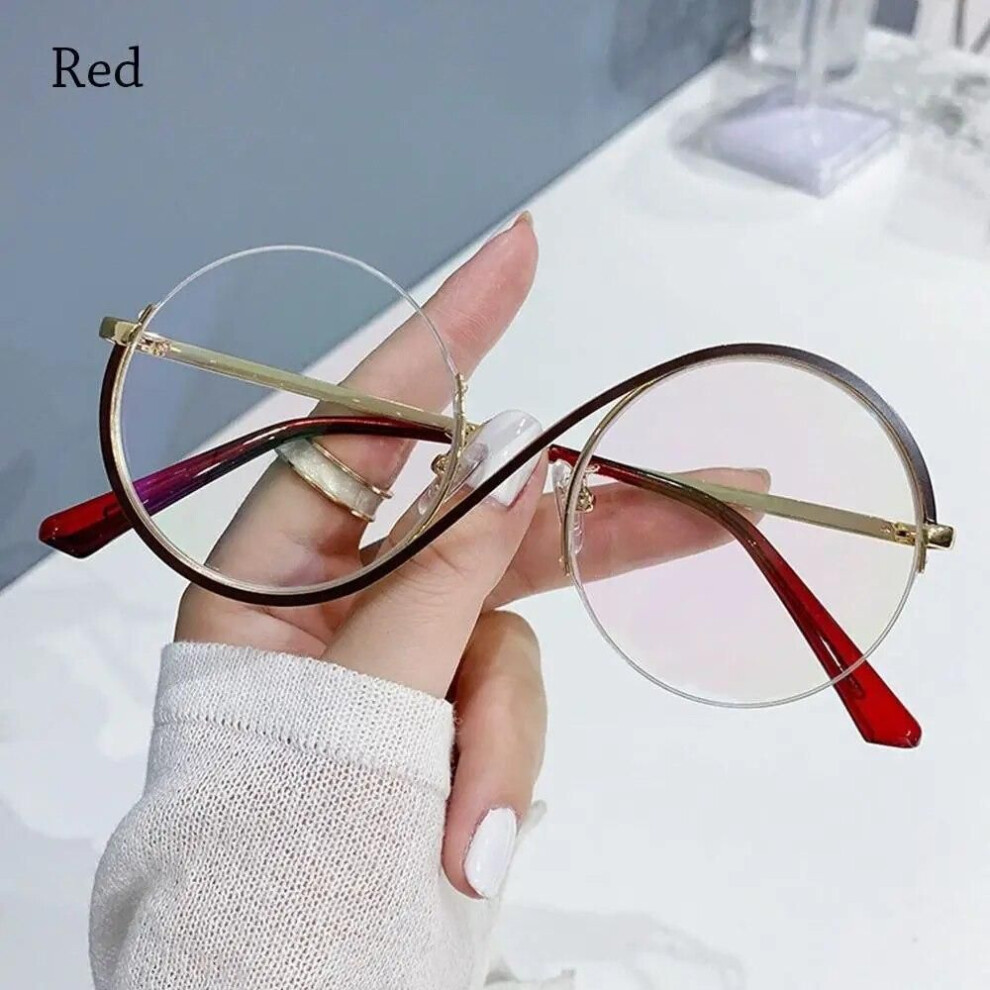 (Red) Trend Personality S Half Frame Anti Blue Light Glasses Fashion Round Metal Women&apos;s Spectacles Vintage Men Female Eyeglass