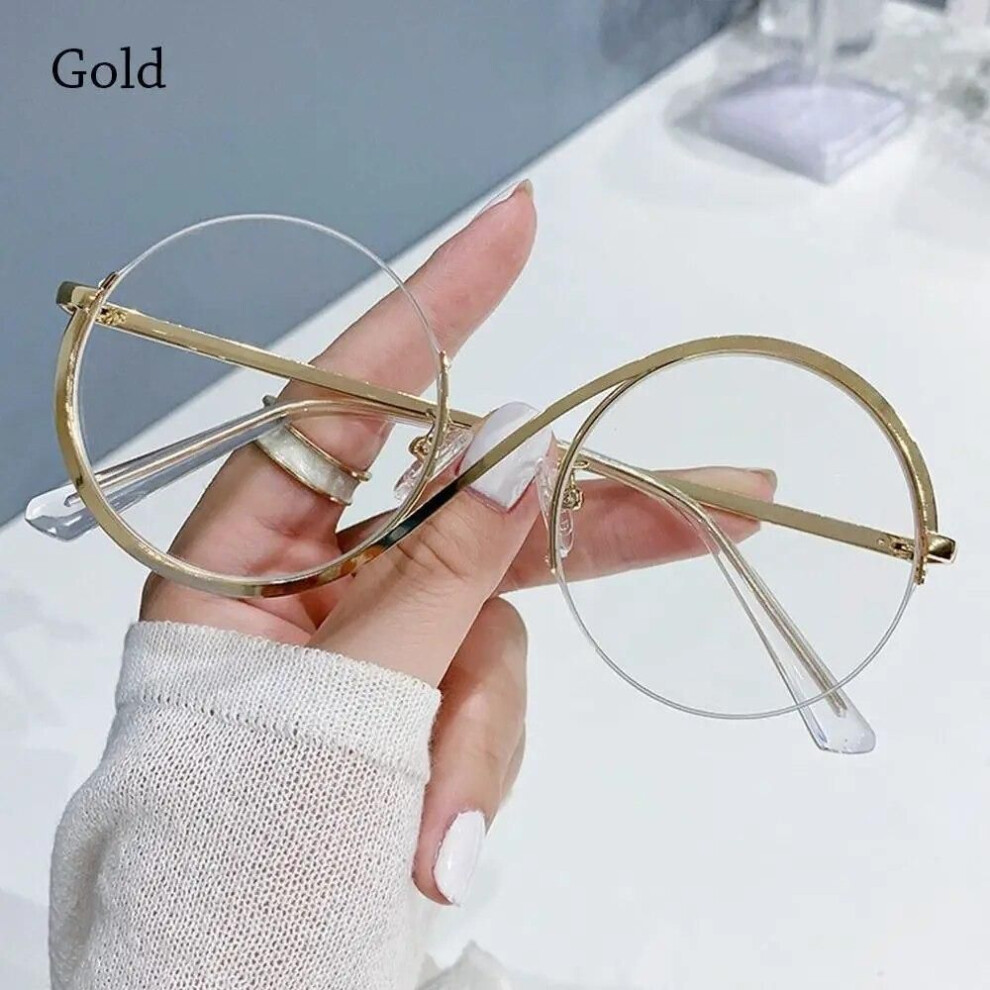 (Gold) Trend Personality S Half Frame Anti Blue Light Glasses Fashion Round Metal Women&apos;s Spectacles Vintage Men Female Eyeglass