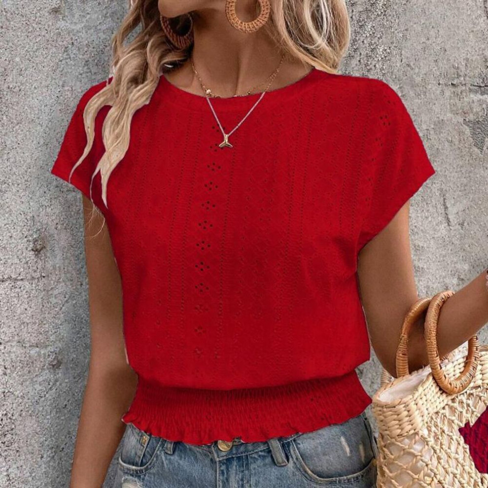 (S, red) Summer Round Neck Jacquard Hollow Out Casual Blouse Women Short Sleeve Sweet Loose Women's Shirts Tops Elegant Solid Vacation Slim White Blouses 26365