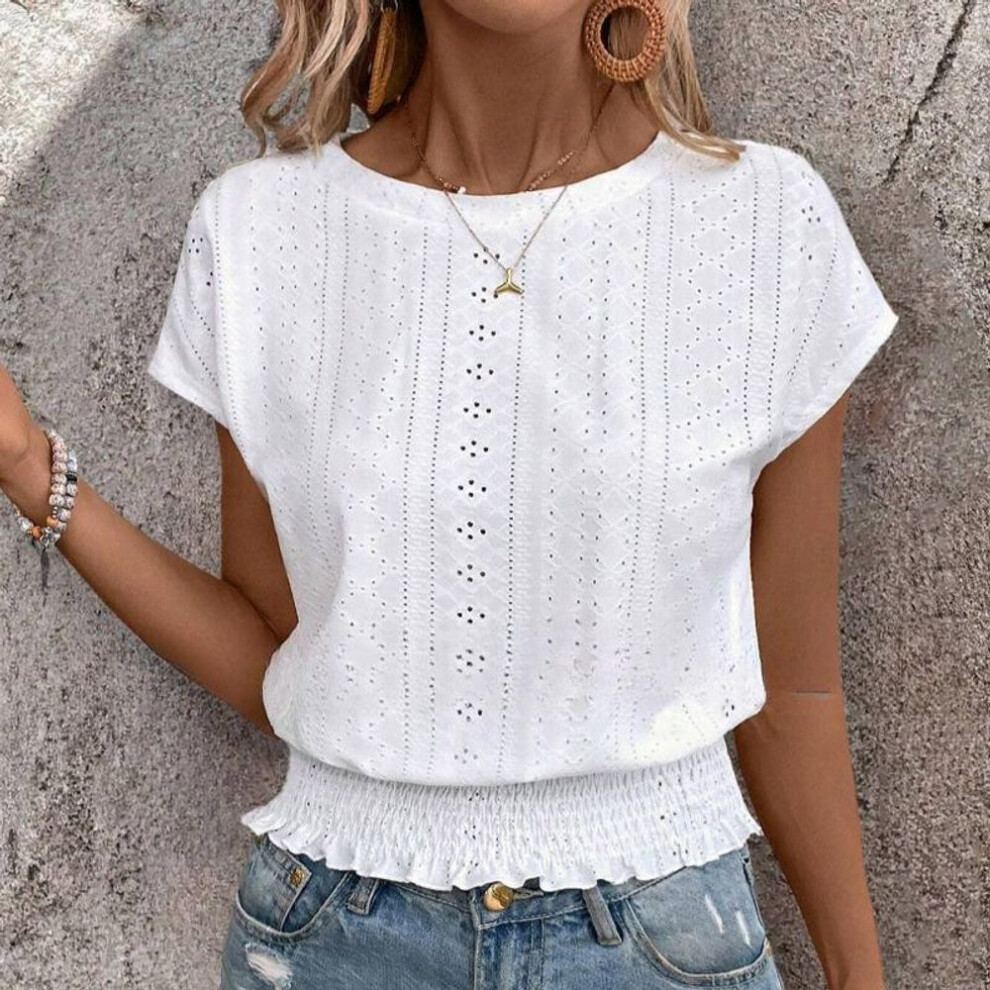 (L, white) Summer Round Neck Jacquard Hollow Out Casual Blouse Women Short Sleeve Sweet Loose Women's Shirts Tops Elegant Solid Vacation Slim White Blouses 26365