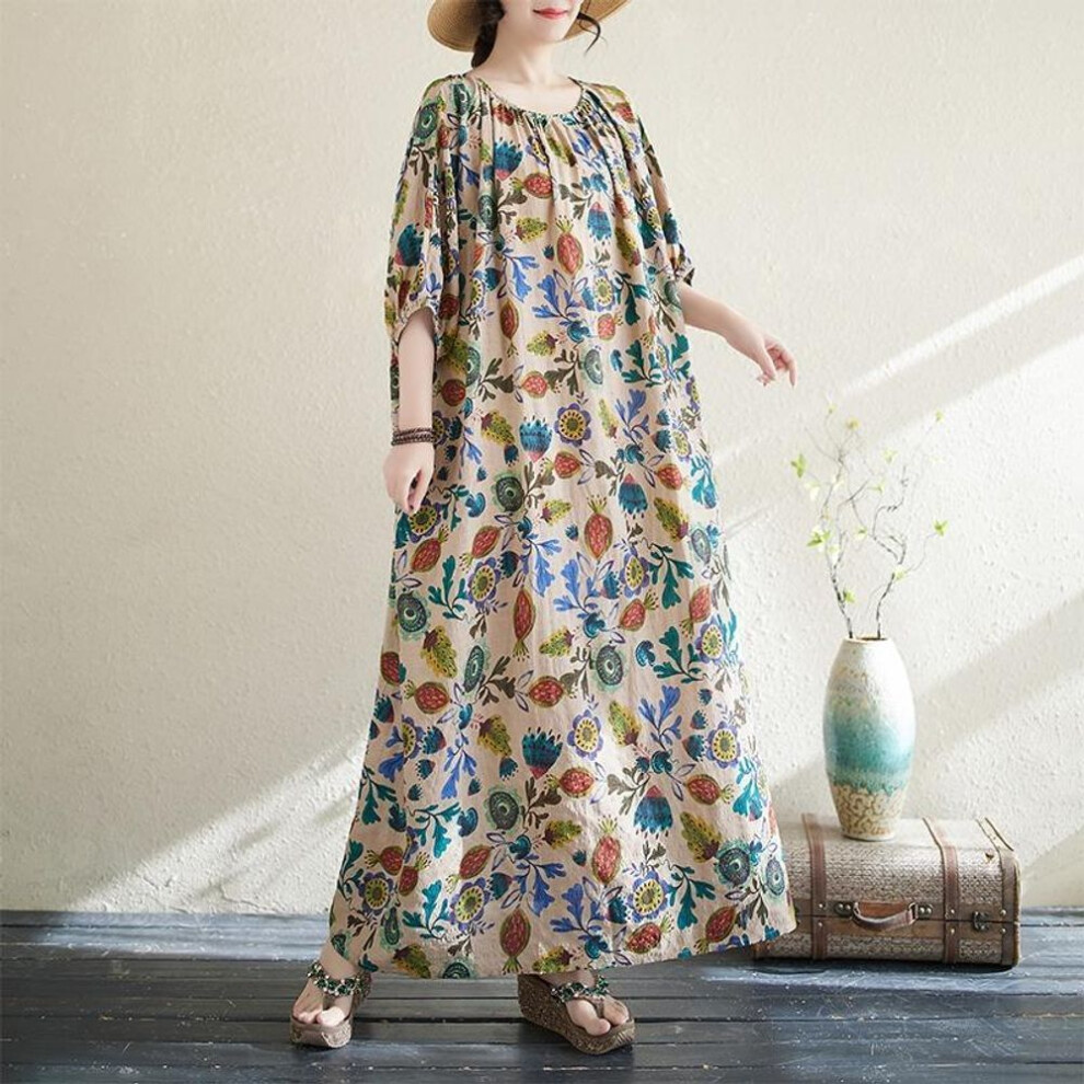 Dimanaf New Women 2025 Plus Size Summer Casual Floral Dress Vintage Long Dress Loose Basic Pleated Maxi