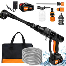 (Pressure Washer with 1 battery/Black) Cordless Pressure Washer, 21V 1500W Portable Pressure Washer, 30 Bar/435 PSI High Power Washer Machine with 6-in-1 Adjustable Nozzles