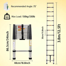 (12.5ft/3.8M) 10.5ft/3.2M Telescopic Ladder Extendable Portable Sturdy Loft Ladder with EN131 Standard Multi-Purpose Extension Loft Ladder Stainless Steel