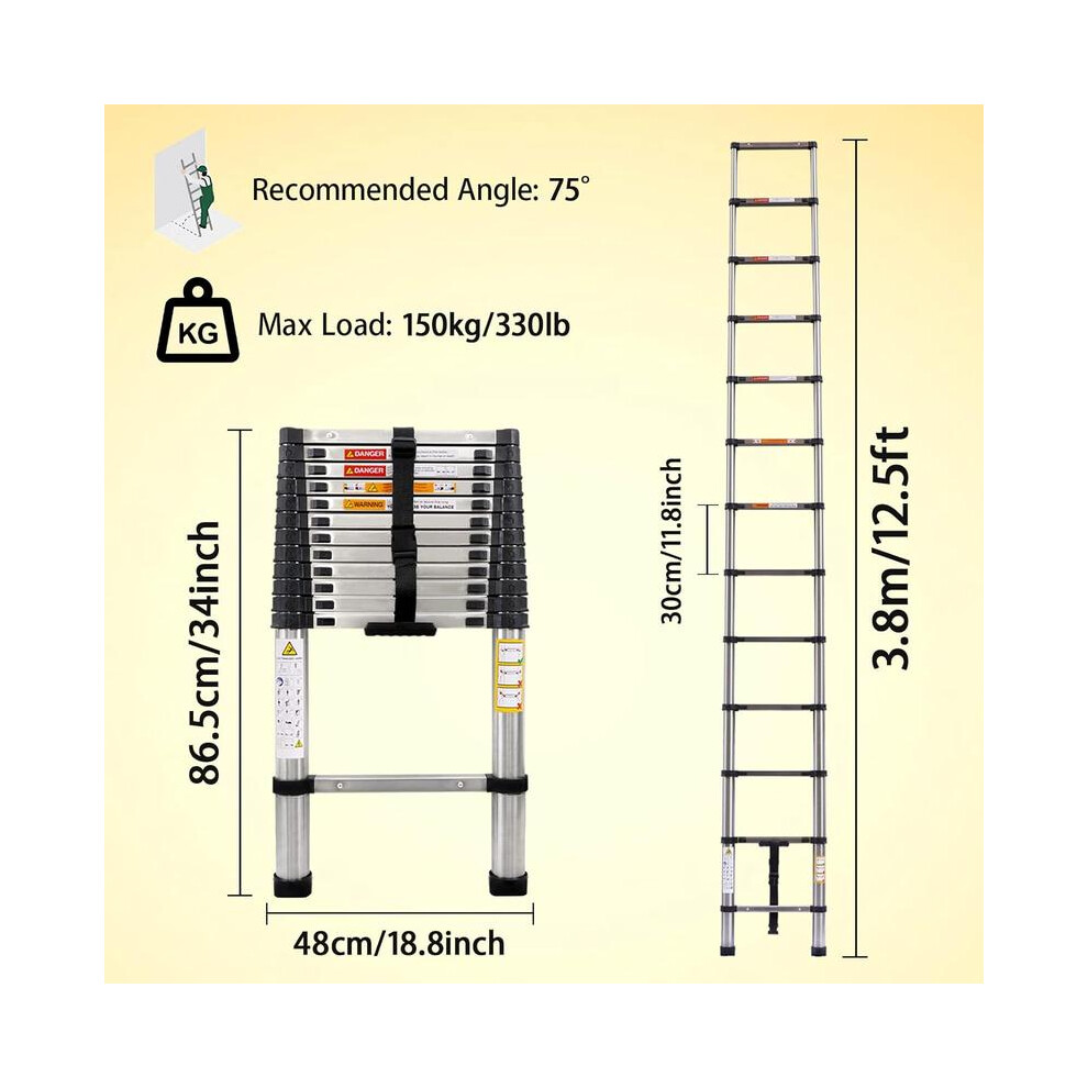 (12.5Ft/3.8M) 10.5Ft/3.2M Telescopic Ladder Extendable Portable Sturdy Loft Ladder With En131 Standard Multi-Purpose Extension Loft Ladder Stainless S 4761048943525