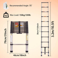 (10.5ft/3.2M) 10.5ft/3.2M Telescopic Ladder Extendable Portable Sturdy Loft Ladder with EN131 Standard Multi-Purpose Extension Loft Ladder Stainless Steel