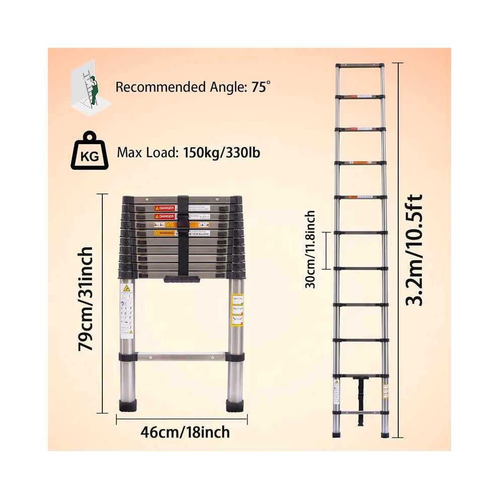 (10.5Ft/3.2M) 10.5Ft/3.2M Telescopic Ladder Extendable Portable Sturdy Loft Ladder With En131 Standard Multi-Purpose Extension Loft Ladder Stainless S 4761048943518