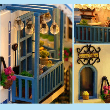 (Blue And White, one size) DIY Woodwork, 1 Count DIY House Model, 3D Wooden Puzzle Bookend for Bookshelf Decor, Light Up Tiny Miniature House Diorama Model Kit