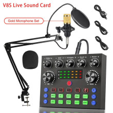 (V8S with gold microphone set, 1 Set) Podcast Equipment Bundle, Live Sound Control Device & BM-800 Condenser Microphone, Sound Card and Microphone Kit for Recording, Gaming, Singing