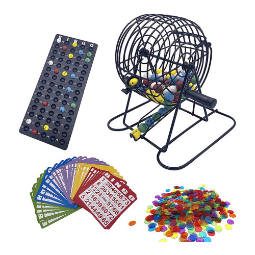 Conjunto de bingo de luxo com gaiola de 6 polegadas, tabuleiro mestre, 75 bolas coloridas, 50 cartelas e 300 fichas